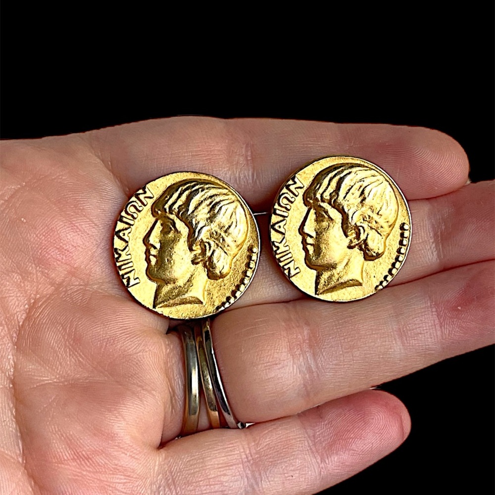 Vintage Faux Gold Ancient Greek Stud Coin Earrings